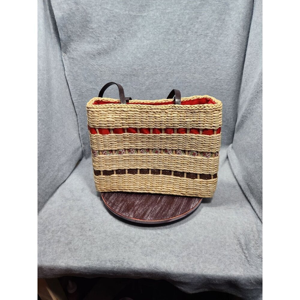 Woven Straw Tote Bag With Floral Accents & Red Lining - Picture 2 of 14